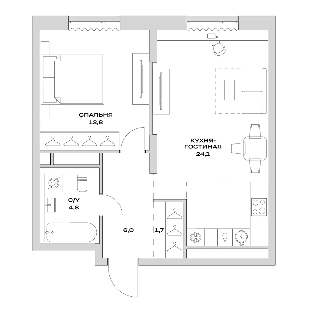2-комн., 50.2 м², 19/22 этаж, ЖК «Детали»