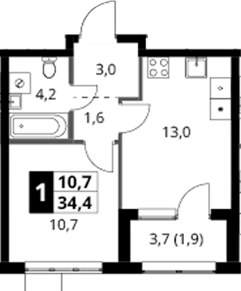1-комн., 32.5 м², 9/18 этаж, ЖК «1-й Ясеневский»