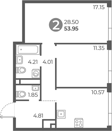 2-комн., 53.95 м², 15/20 этаж, ЖК «Нижегородская от Гранель»