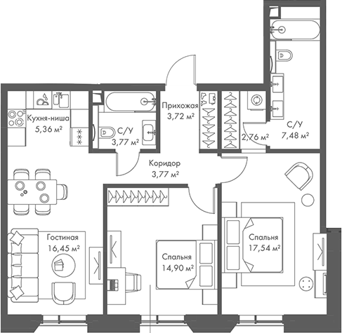 3-комн., 75.75 м², 17/22 этаж, ЖК «МИРА»