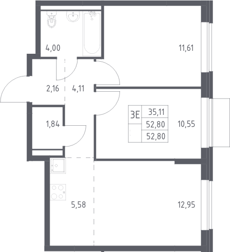 3-комн., 52.8 м², 7/24 этаж, ЖК «Квартал Авиаторов»