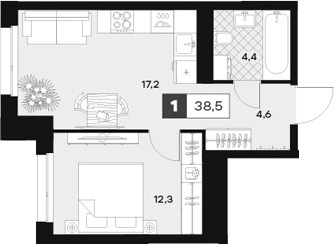 1-комн., 38.5 м², 21/26 этаж, ЖК «ЮТУ»