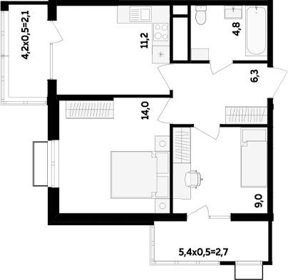 2-комн., 45.3 м², 4/16 этаж, ЖК «МегаСити»