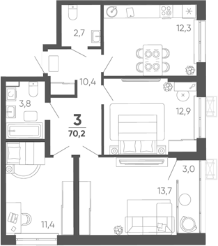 3-комн. квартира, 67.2 м² в ЖК Барса — фото 2