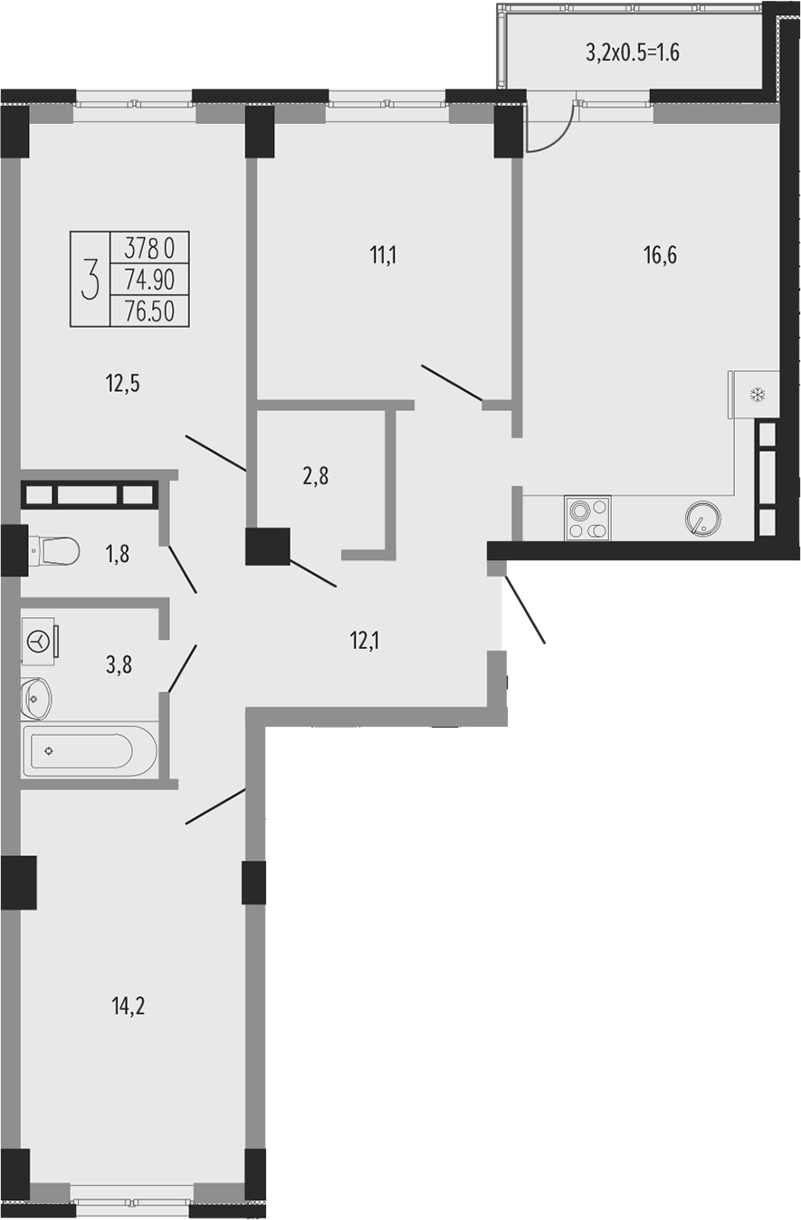 3-комн., 76.95 м², 15/15 этаж, ЖК «Екатерининский парк»