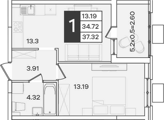 Продается 1-комн. квартира, 34.72 м²