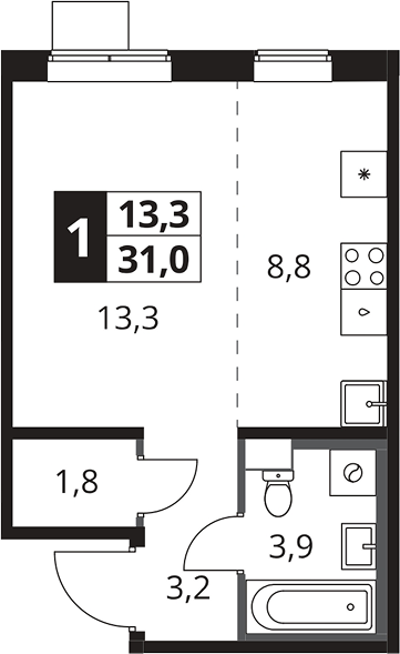 Студия, 31 м², 22/23 этаж, ЖК «1-й Южный»