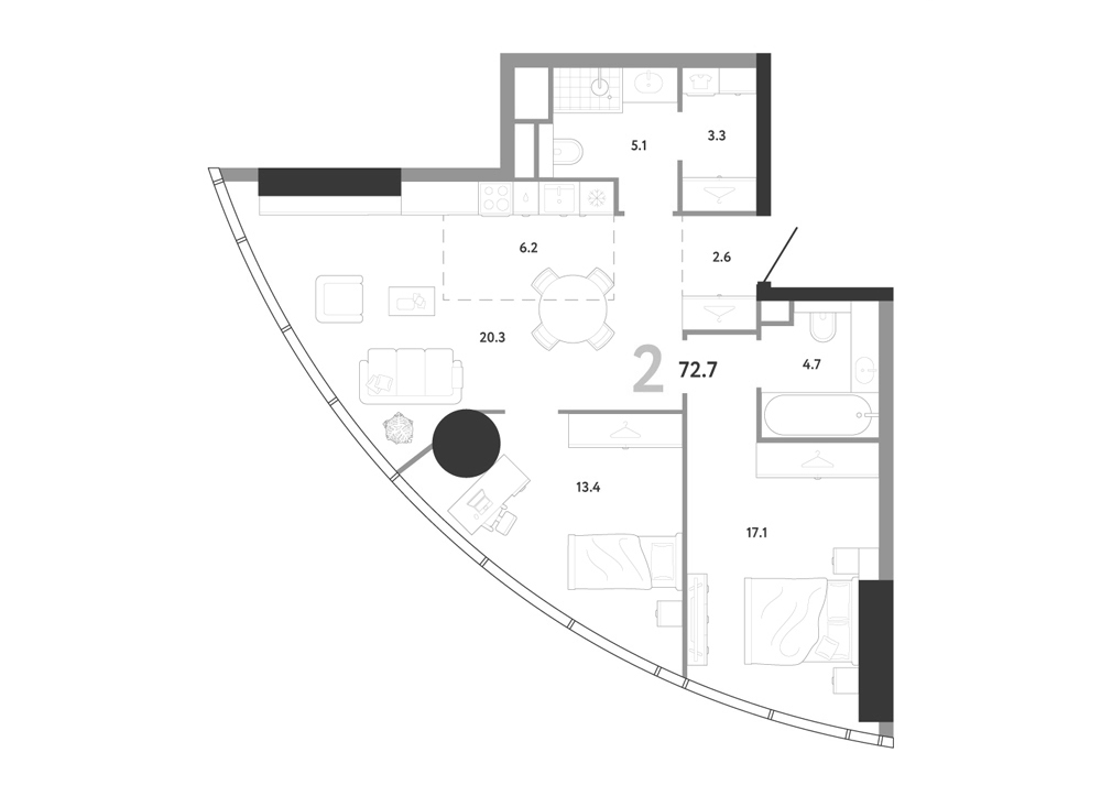 3-комн., 72.7 м², 49/82 этаж, ЖК «АУРУС Резиденции»