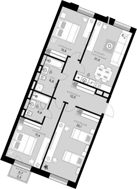 3-комн., 100.8 м², 2/6 этаж, ЖК «СберСити»