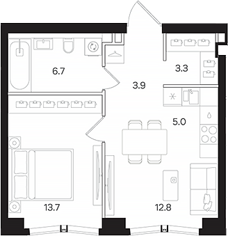 2-комн., 45.4 м², 22/42 этаж, ЖК «АУРА»