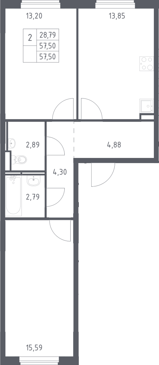 2-комн., 57.5 м², 14/17 этаж, ЖК «Мытищи Парк»