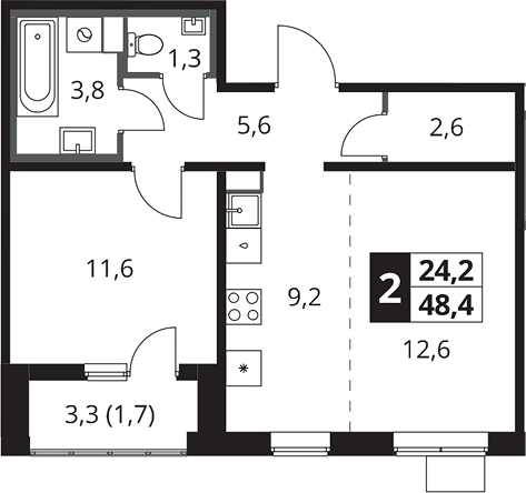 2-комн., 46.7 м², 18/25 этаж, ЖК «1-й Южный»