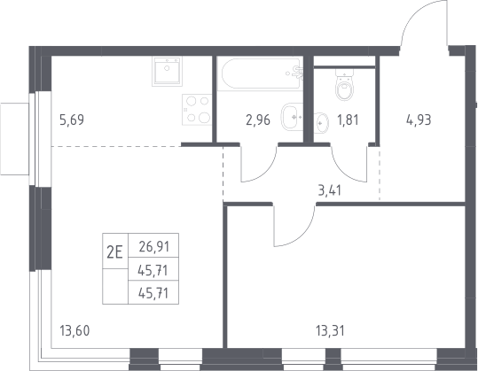 2-комн., 45.71 м², 6/12 этаж, ЖК «Новое Видное»