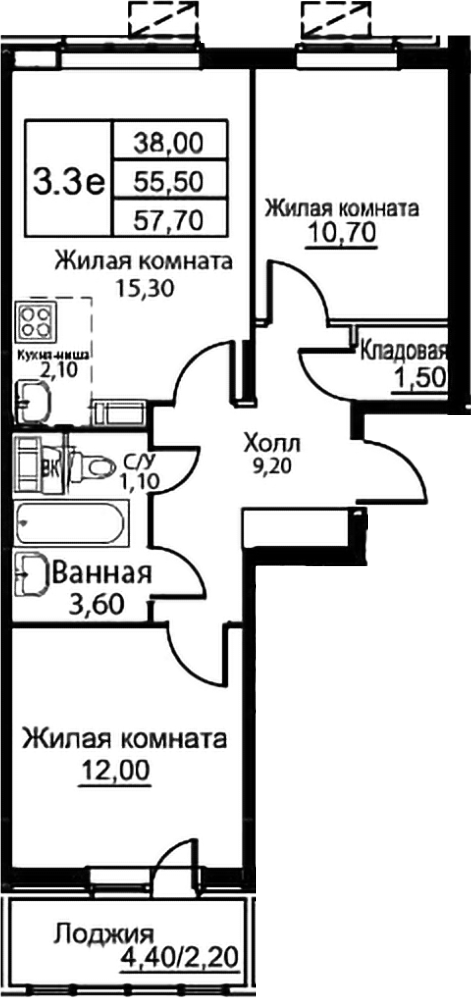 3-комн., 55.5 м², 5/12 этаж, ЖК «Кашинцево»