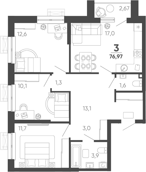 3-комн. квартира, 76.17 м² в ЖК Барса — фото 2