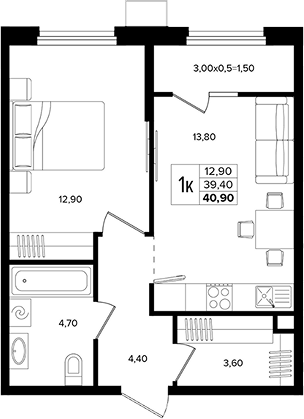 Продается 1-комн. квартира, 39.4 м²