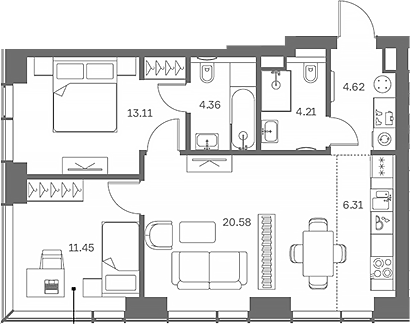 3-комн., 65.85 м², 10/41 этаж, ЖК «TATE»