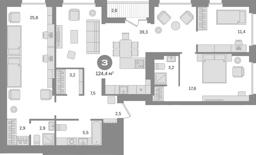3-комн., 121.8 м², 2/17 этаж, ЖК «Первый квартал. Вторая очередь»