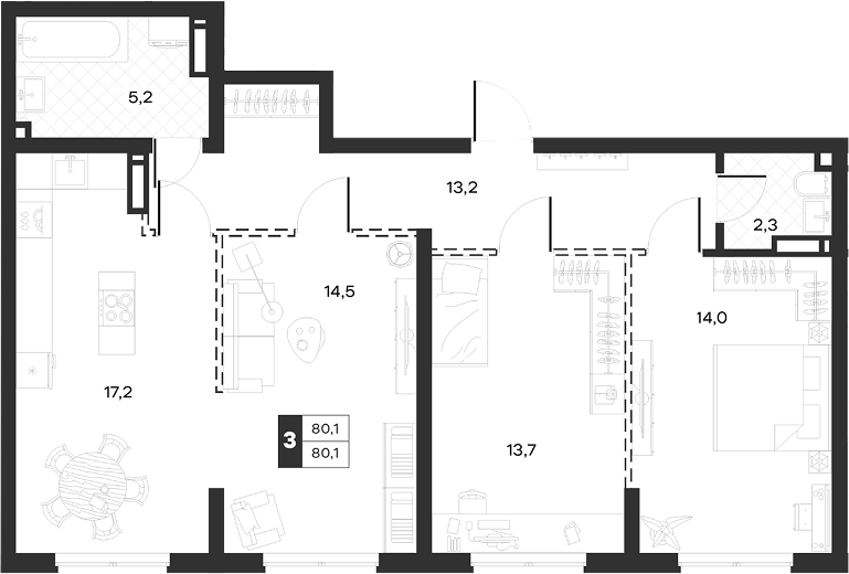3-комн., 80.05 м², 13/17 этаж, ЖК «Луиджи»