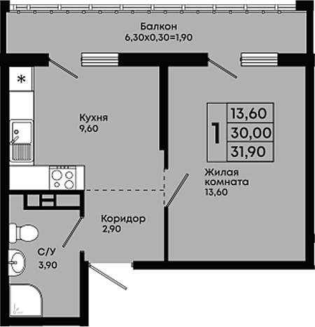 1-комн., 30 м², 5/18 этаж, ЖК «Премьер»