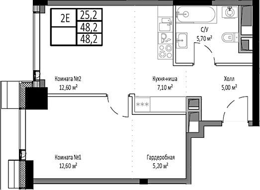 2-комн., 48.2 м², 17/35 этаж, ЖК «Мираполис»