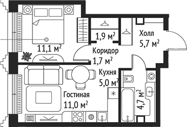 2-комн., 41.1 м², 32/59 этаж, ЖК «СЕТ»