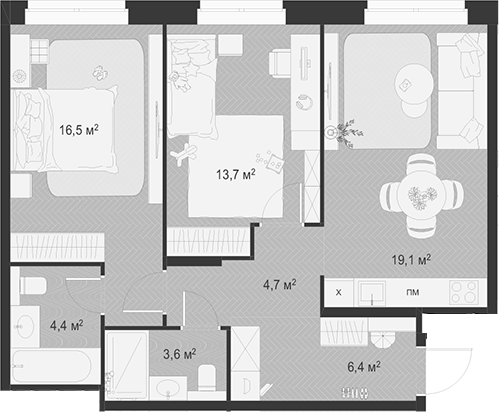 3-комн., 68.4 м², 2/18 этаж, ЖК «Гранд Комфорт»