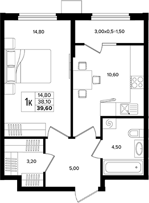 1-комн., 38.1 м², 2/15 этаж, ЖК «Лермонтов Парк»