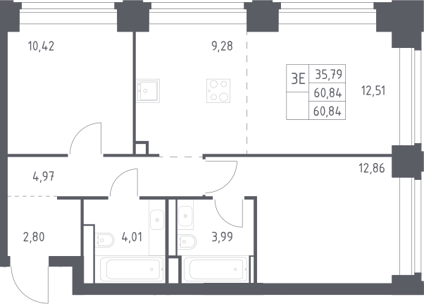 3-комн., 60.84 м², 12/40 этаж, ЖК «НОВА»