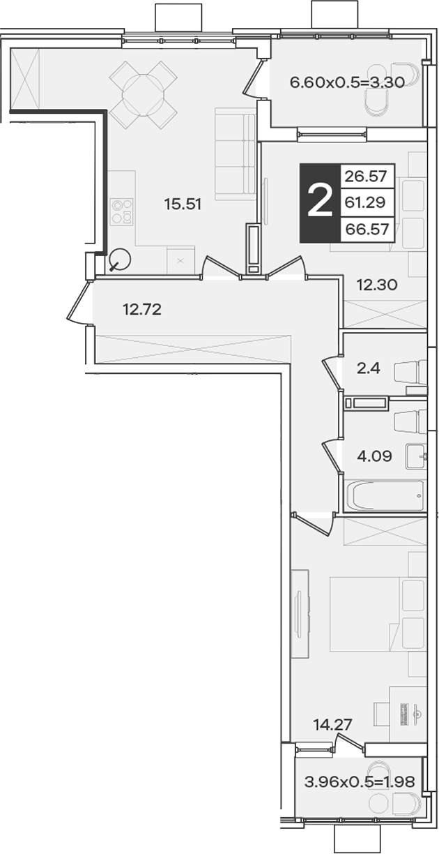 Продается 2-комн. квартира, 61.29 м²