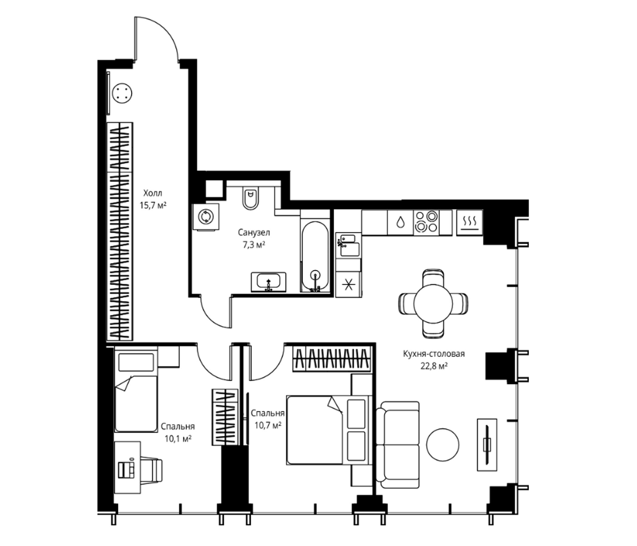3-комн., 66.6 м², 12/59 этаж, ЖК «Веер»