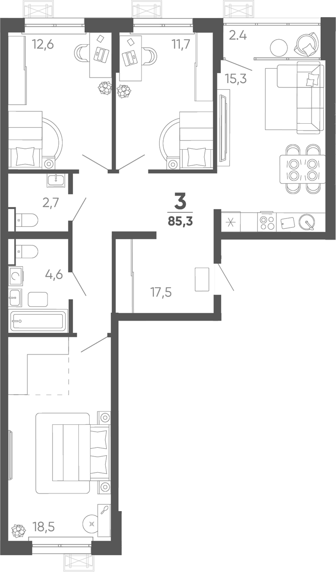 3-комн. квартира, 82.9 м² в ЖК Барса — фото 2