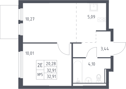 2-комн., 32.91 м², 8/17 этаж, ЖК «Пригород Лесное»