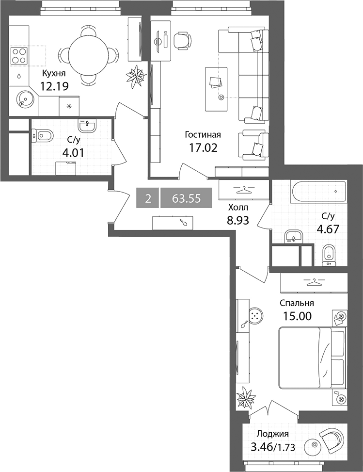 2-комн., 61.82 м², 4/6 этаж, ЖК «Планерный квартал»