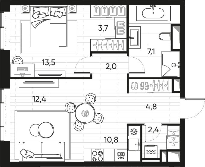 2-комн., 56.6 м², 11/22 этаж, ЖК «ПРАЙД»