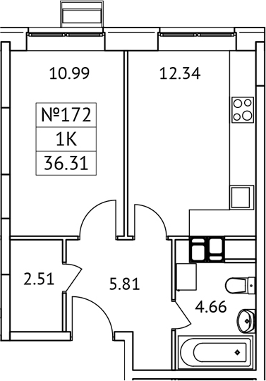 1-комн., 36.31 м², 9/17 этаж, ЖК «Новотомилино»