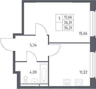 1-комн., 36.31 м², 2/17 этаж, ЖК «Космический Квартал»