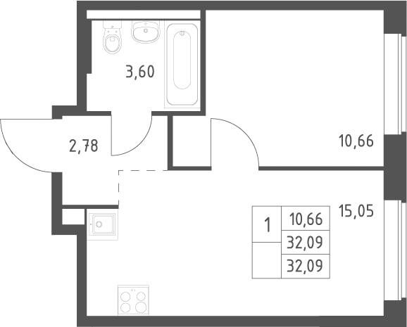2-комн., 32.09 м², 10/12 этаж, ЖК «Большое Юрлово»