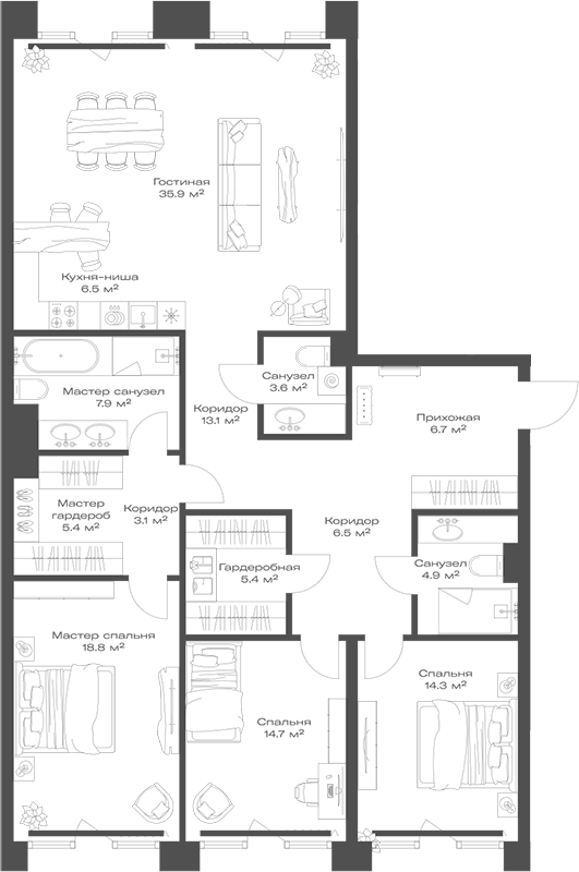 4+ комнаты, 146.8 м², 6/11 этаж, ЖК «Опус»