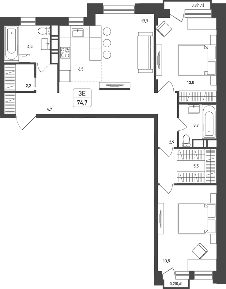3-комн., 77.1 м², 5/8 этаж, ЖК «Новая Щербинка»