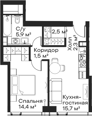 2-комн., 42.3 м², 13/59 этаж, ЖК «Сити Бэй»