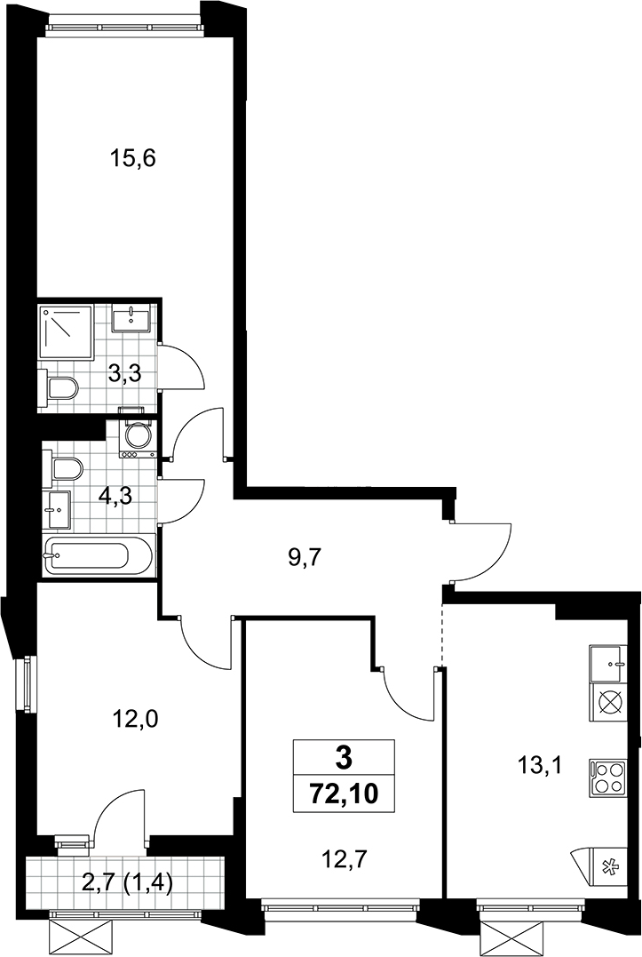 3-комн., 70.7 м², 14/14 этаж, ЖК «Деснаречье»