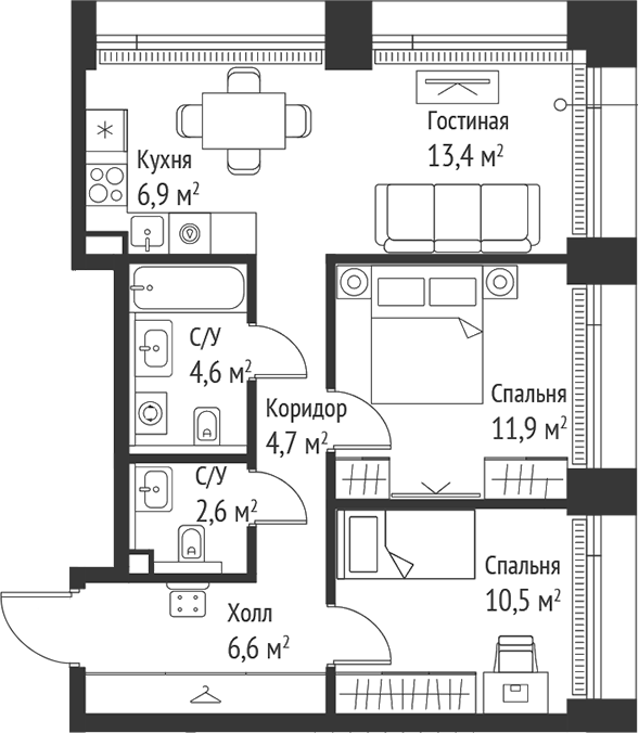 3-комн., 61.2 м², 27/28 этаж, ЖК «СЕТ»