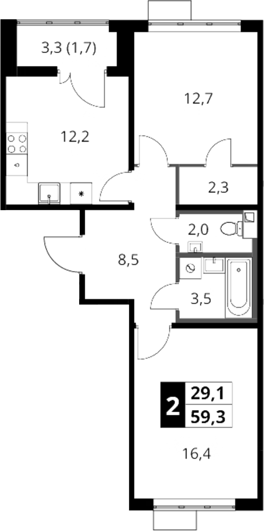 2-комн., 57.6 м², 16/16 этаж, ЖК «1-й Шереметьевский»