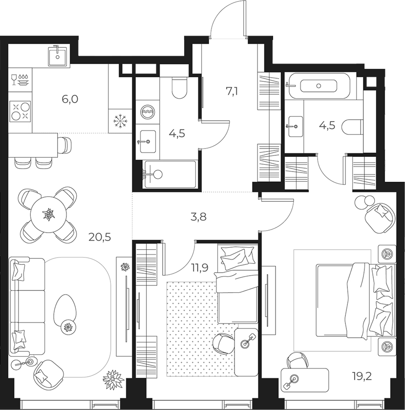 3-комн., 77.5 м², 6/25 этаж, ЖК «МАСТЕРС»