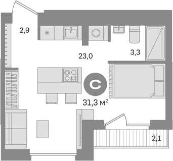 Студия, 29.2 м², 8/9 этаж, ЖК «Первый квартал. Вторая очередь»