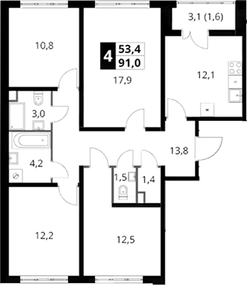 4+ комнаты, 89.4 м², 4/23 этаж, ЖК «Южная Битца»