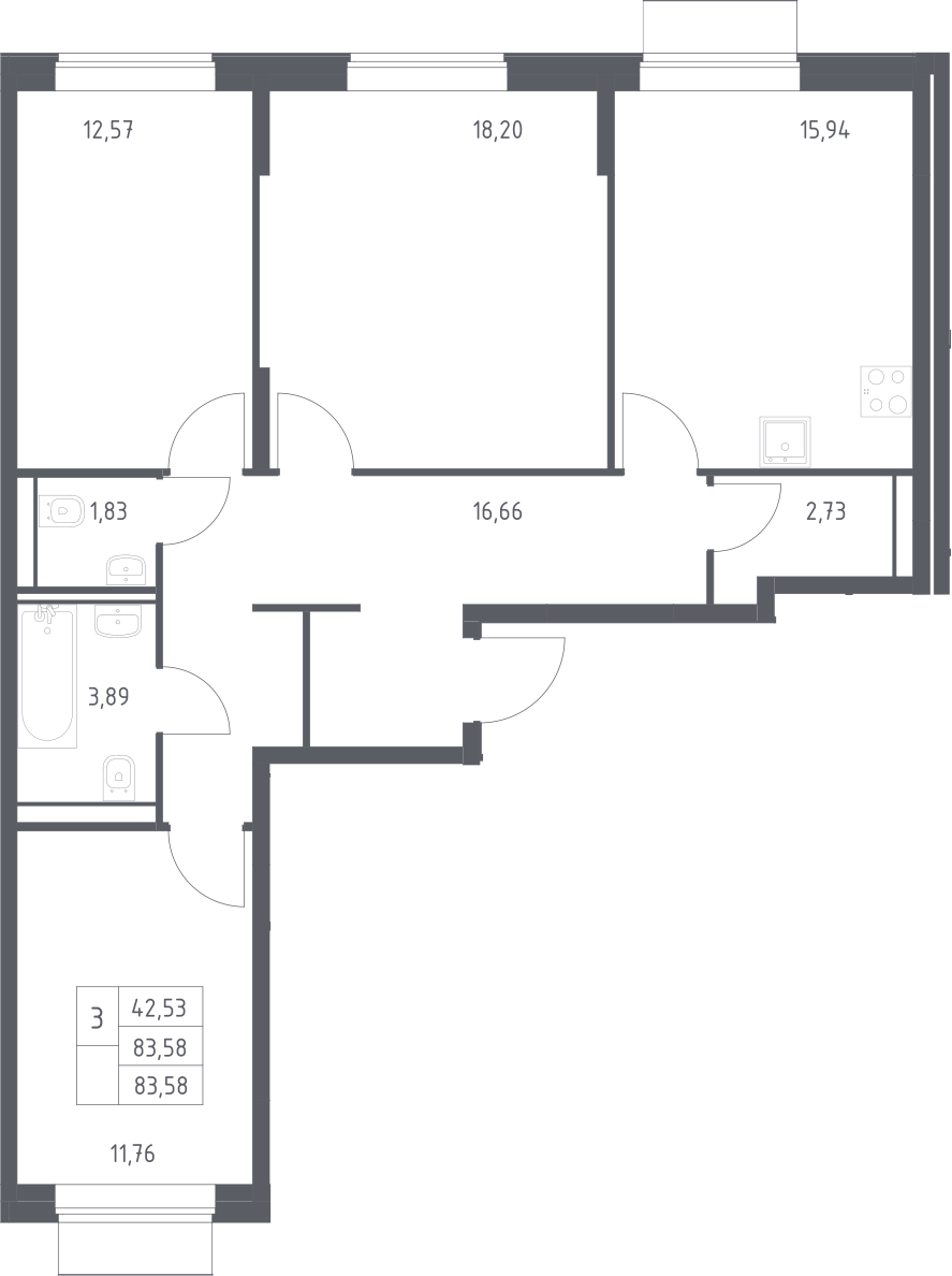 3-комн., 83.58 м², 7/19 этаж, ЖК «Квартал Домашний»