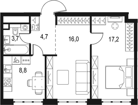 2-комн., 50.4 м², 40/50 этаж, ЖК «Левел Южнопортовая»