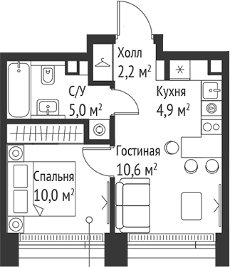 2-комн., 32.6 м², 56/59 этаж, ЖК «СЕТ»